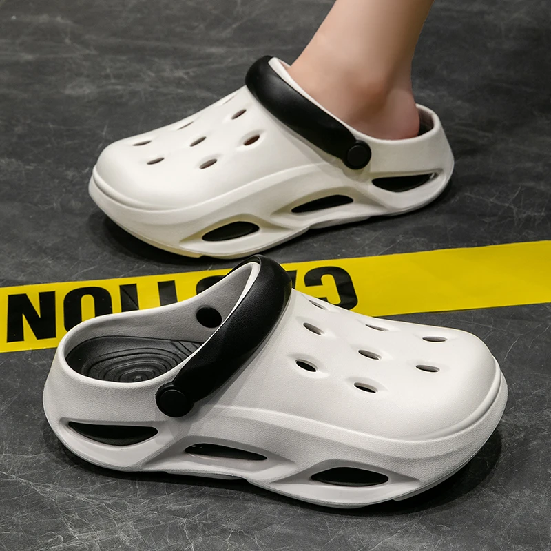 A732双色拼接款洞洞鞋外穿凉拖鞋厚底夏季凉鞋白半拖潮流休闲包头