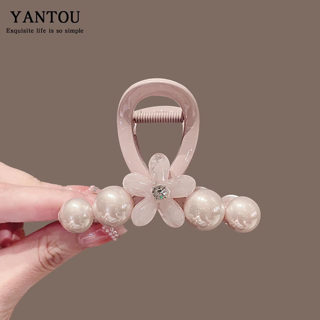 2025新款粉色花朵珍珠抓夹女时尚发量少发抓后脑勺半扎发鲨鱼夹子