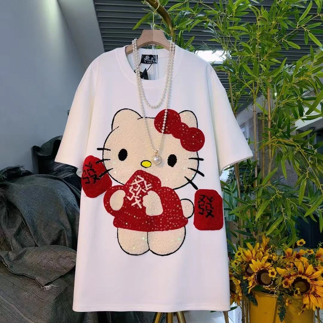 【新款大码】卡通毛巾布短袖T恤时尚宽松微胖遮肉显瘦百搭25479