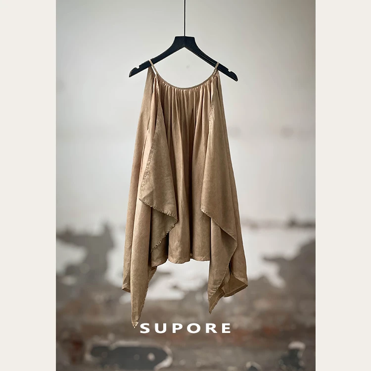 书白Supore/小众脏染做旧铜氨丝不规则吊带背心无袖露肩宽松上衣