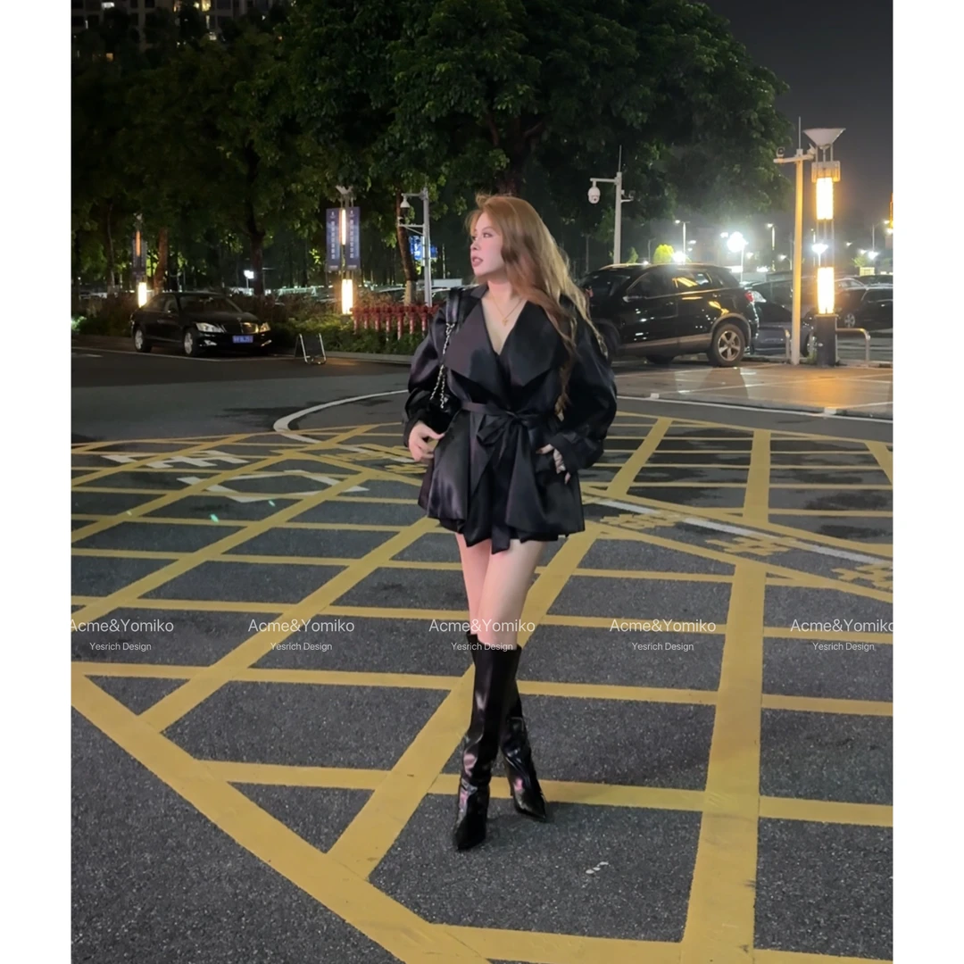 赫本漫步 轻奢风简约宽松型秋冬气质小众收腰绑带v领夹克外套W02