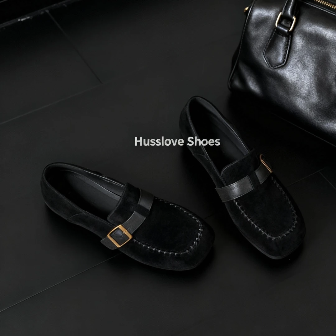 HUSSLOVE 羊猄+头层牛皮·跟高1.5CM·复古一脚蹬平底舒适乐福鞋