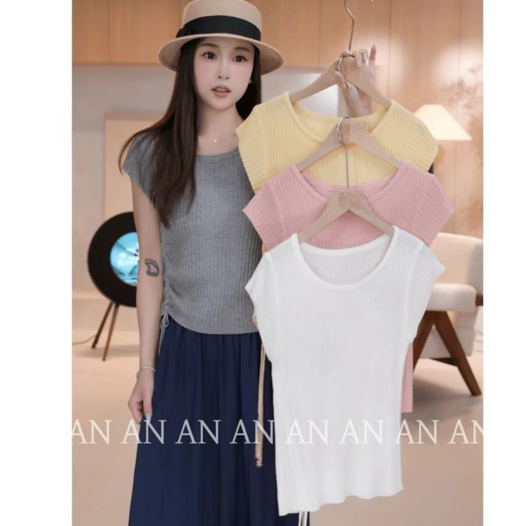 2025夏季新款洋气纯色简约慵懒设计感短袖坑条抽绳针织衫上衣女