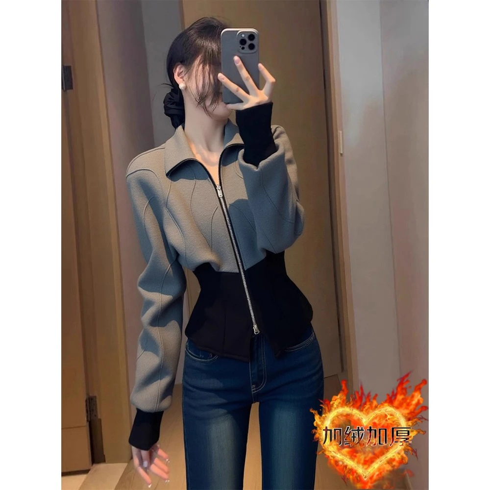 独特别致灰色撞色卫衣女2025秋冬气质名媛高级感时髦洋气拉炼上衣