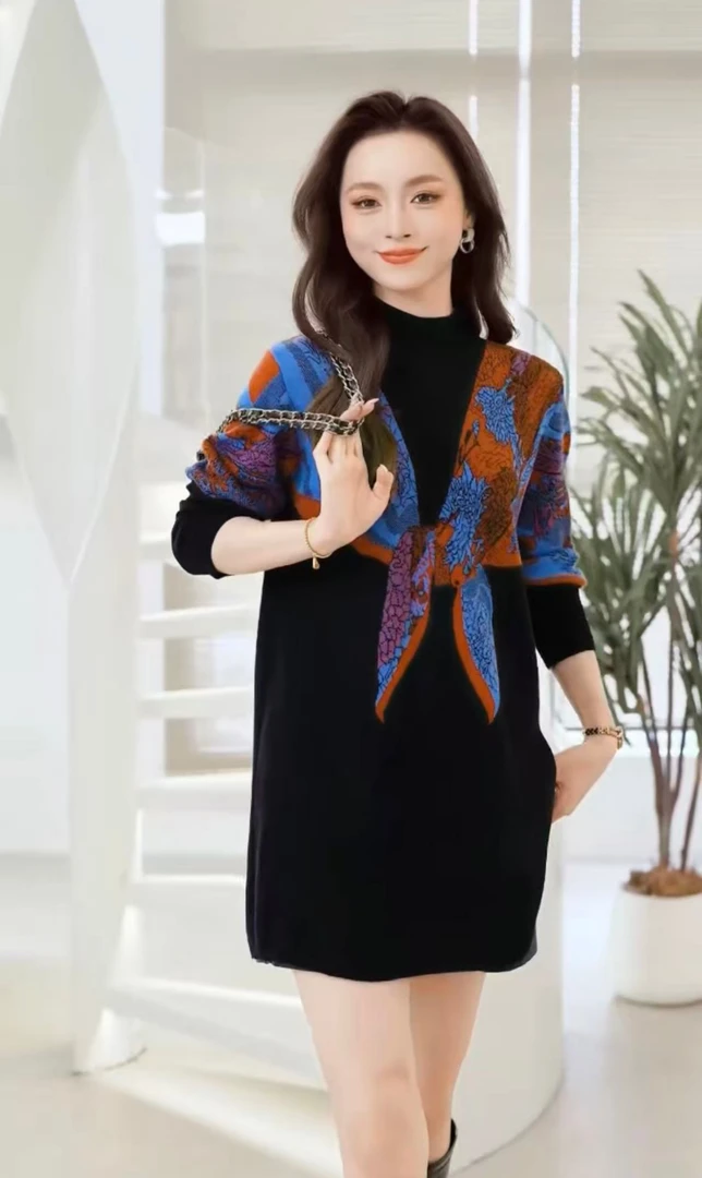 514秋冬长袖中长裙中长款民族风中老年女装休闲风常规圆领时尚风