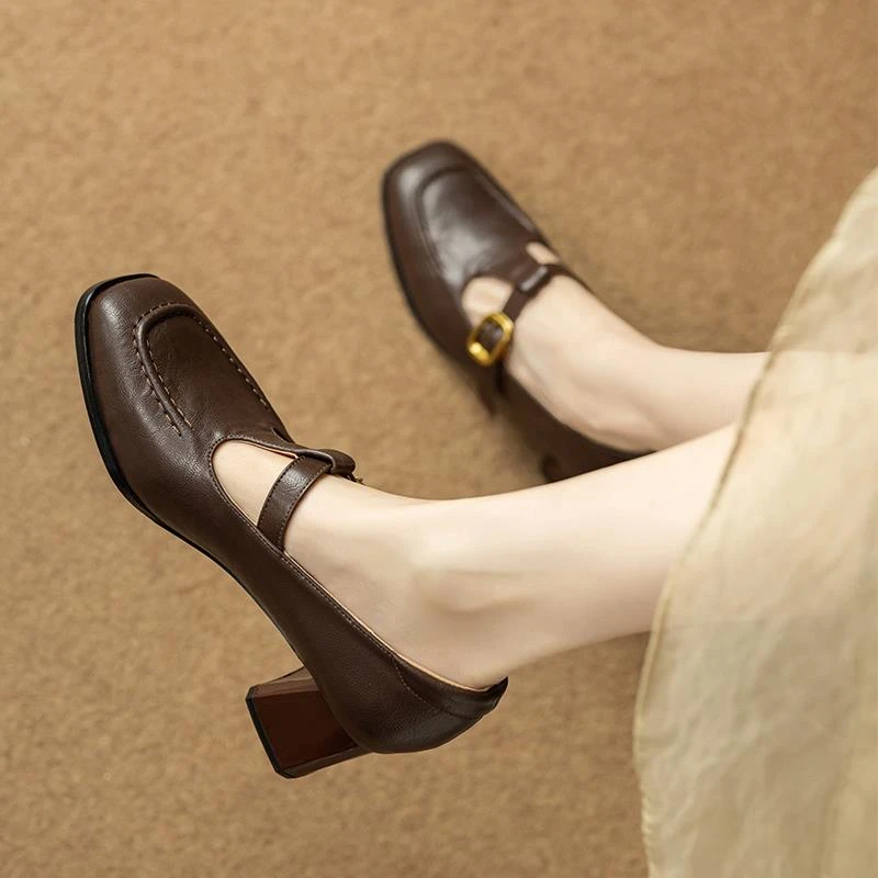 红晴蜓真皮中跟小皮鞋2025春秋新款粗跟丁字玛丽珍复古乐福鞋单鞋