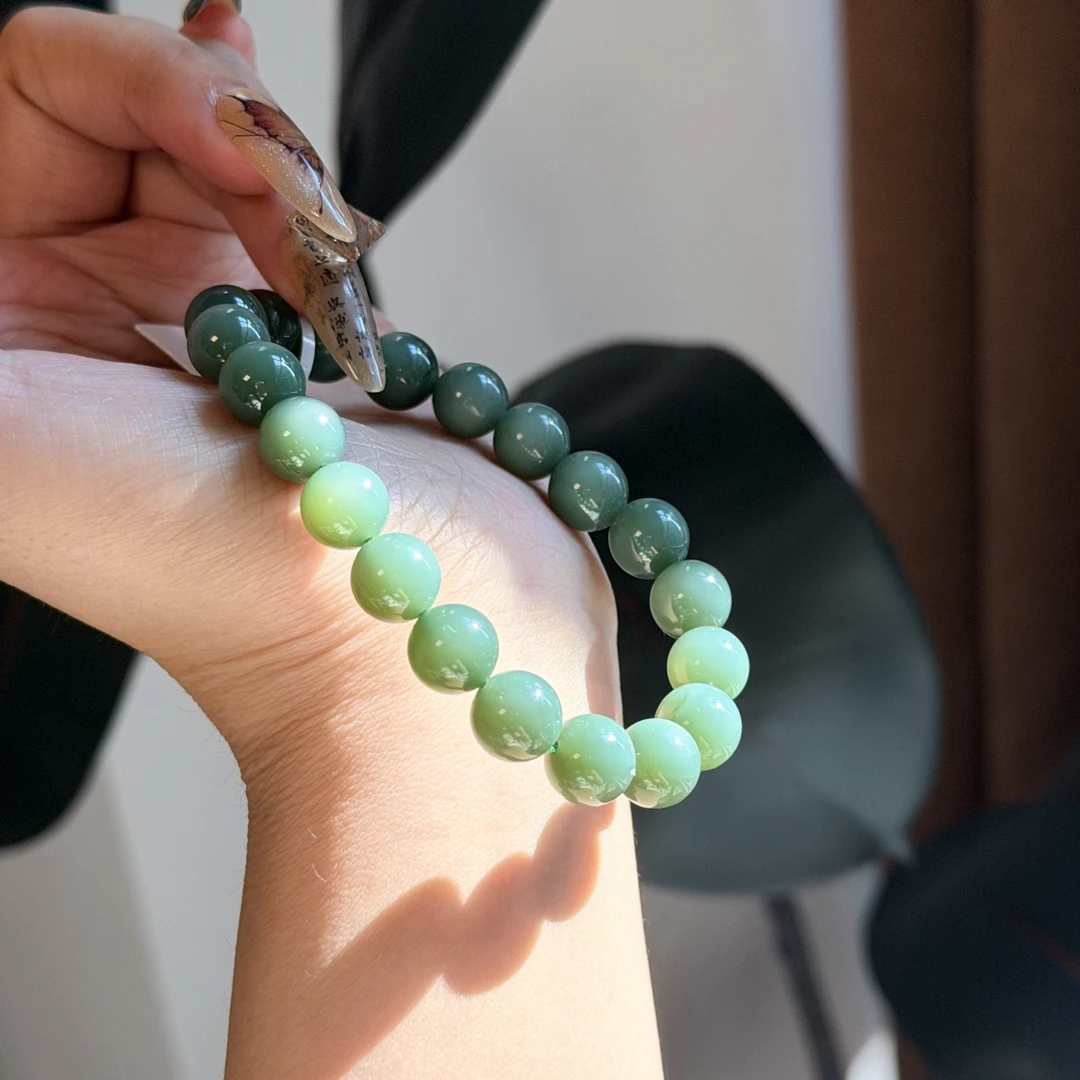 粉青瓷蓝底调和田玉手串特细过眼过灯微猫手串