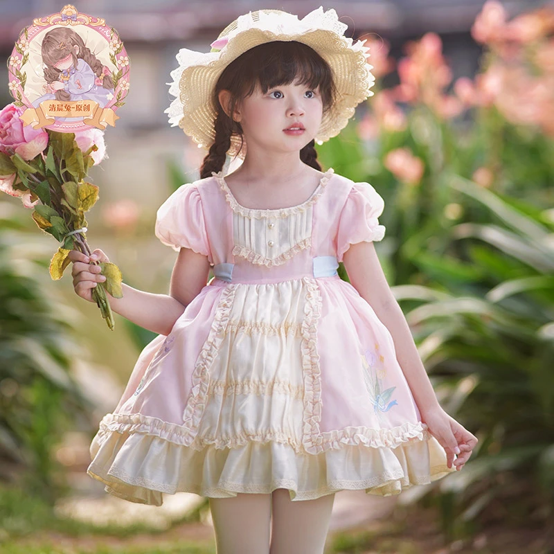 原创女童连衣裙新款2025洋气宝宝刺绣公主裙优雅郁金香泡泡袖裙子