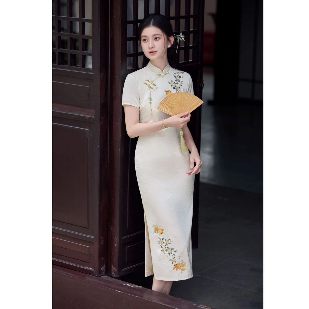 【青未了】2025夏季新款醋酸荷花提花加桂枝刺绣送考锦鲤折桂旗袍