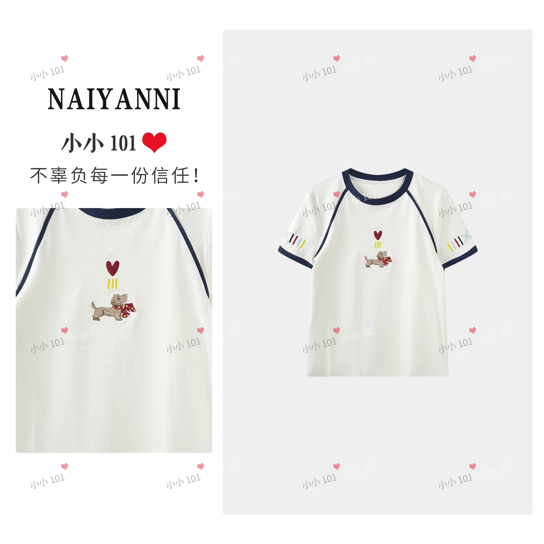 【小金毛】重工绣花短袖夏季新款小众设计上衣藏青  SLYLY071