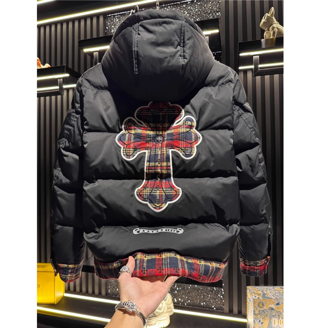 欧洲站2025新款秋冬轻奢十字架拼接羽绒服连帽保暖90白鸭绒男外套