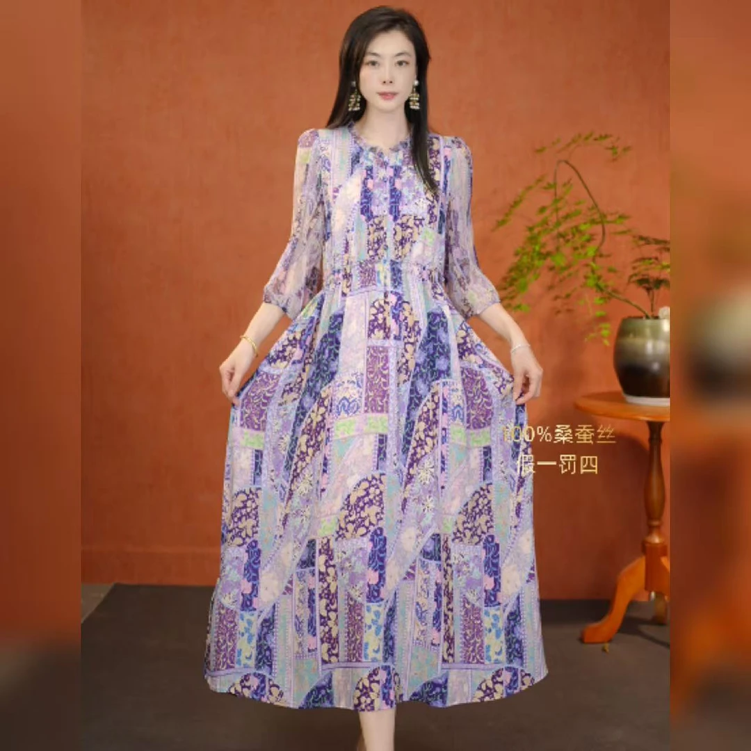 【多米拉】12924-A香芋紫桑蚕丝抽绳宽松连衣裙V领气质时尚宽松印花