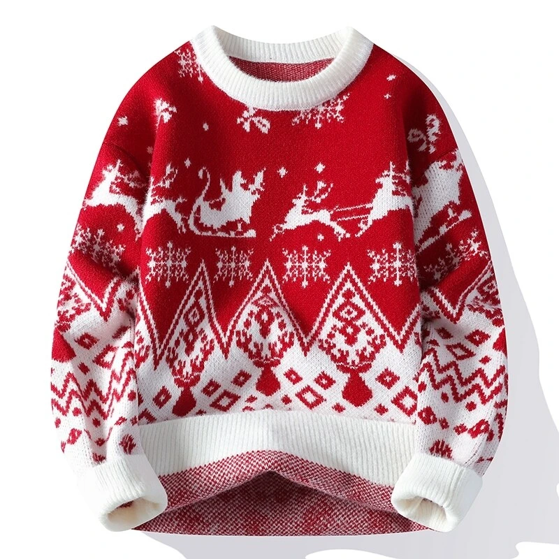 2025圣诞毛衣男秋冬款潮流撞色内搭吧保暖针织衫加厚毛衫喜庆红色