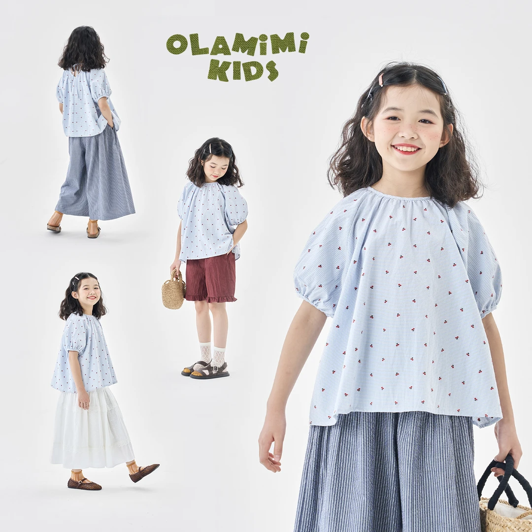 OLAMIMI定制 2025夏 樱桃绣花色织刺绣提花浅蓝泡泡袖娃娃衫