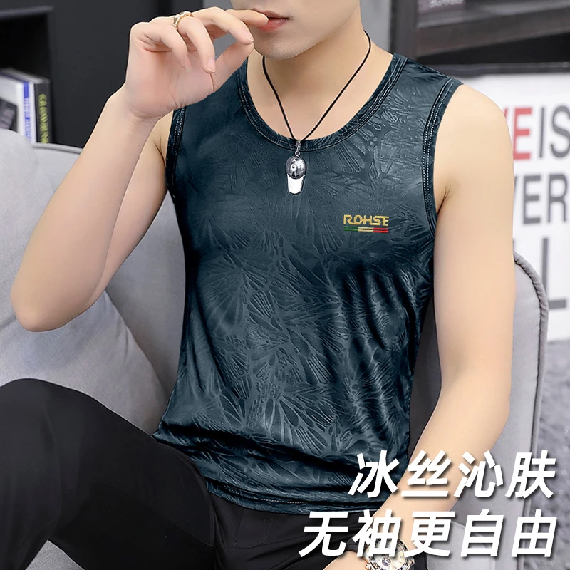 2026年夏季新款男士修身百搭体恤圆领宽肩无袖冰丝花瓣背心上衣服