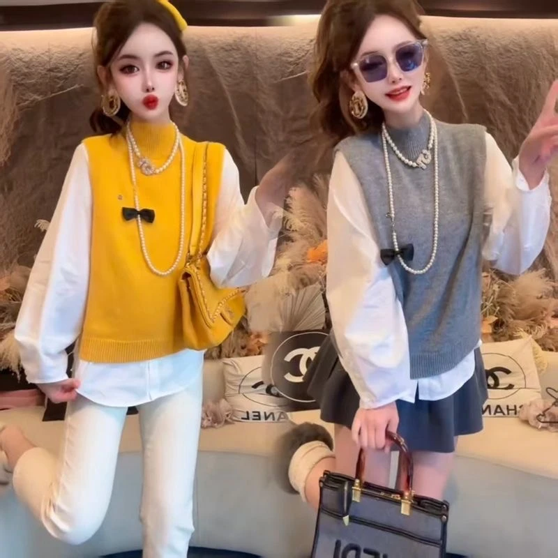 韩版洋气减龄绝美后背显瘦针织马甲+衬衫2025秋冬季新款两件套装