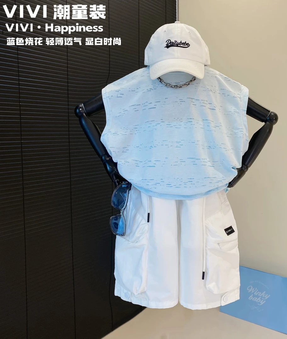 VIVI童装 2025夏季潮牌中大童夏威夷蓝烧花薄透气宽松无袖背心