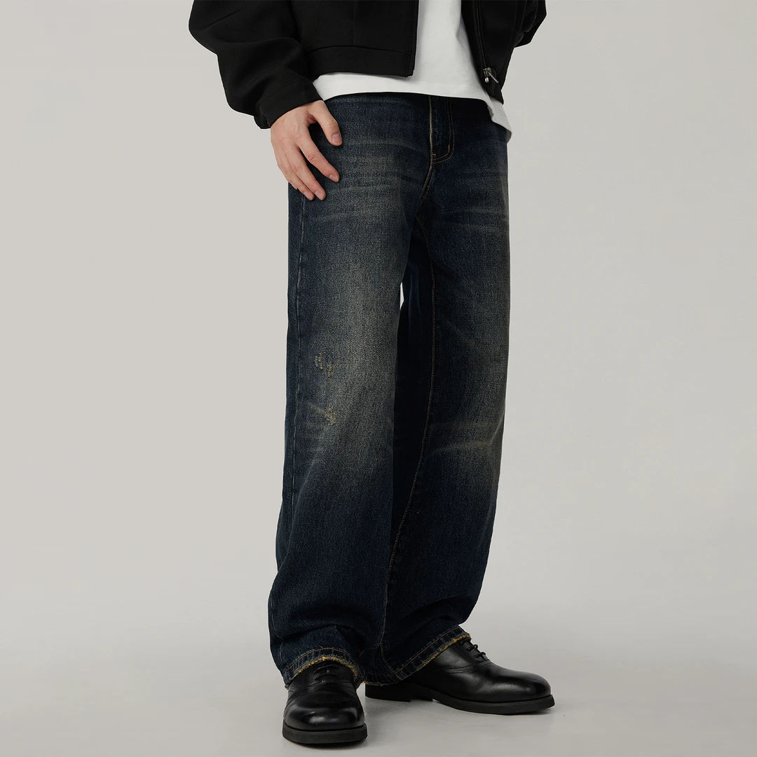 2025秋季新款美式复古水洗做旧牛仔裤男宽松直筒阔腿重磅休闲长裤
