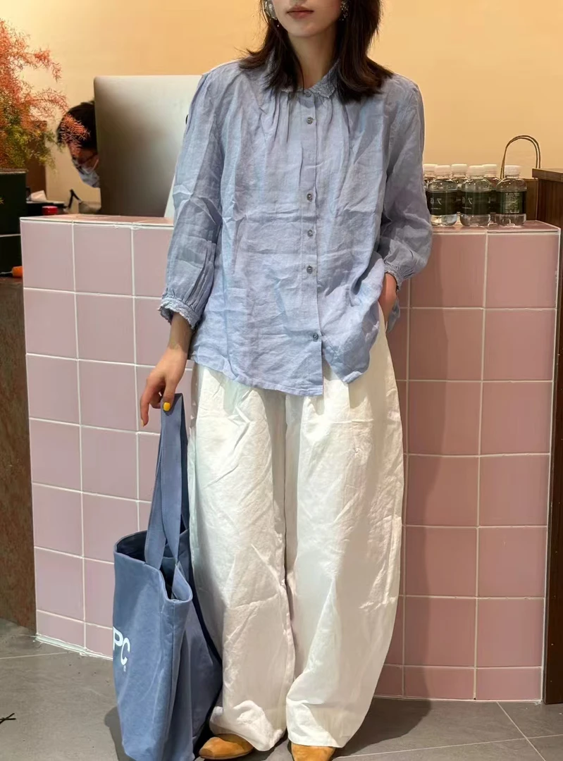 春夏新款文艺风小立领宽松舒适透气女衬衫