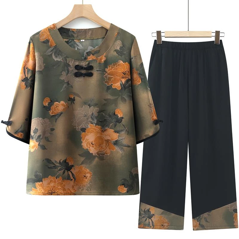 恒源祥彩羊妈妈夏装套装中老年人夏季女装中式国风衣服奶奶装中袖