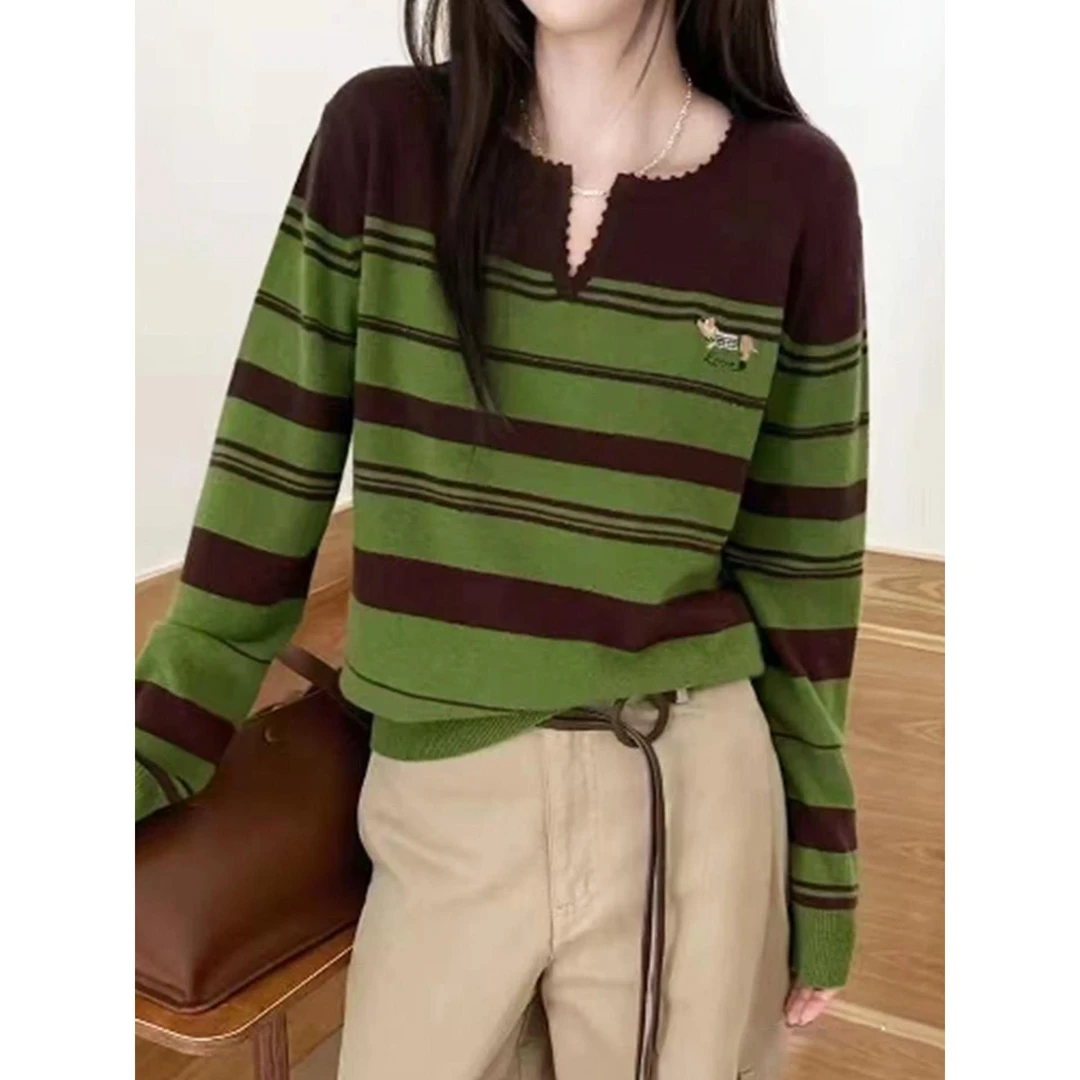 秋冬款撞色条纹v领针织衫毛衣女2025新款冬季爆款内搭打底衫上衣