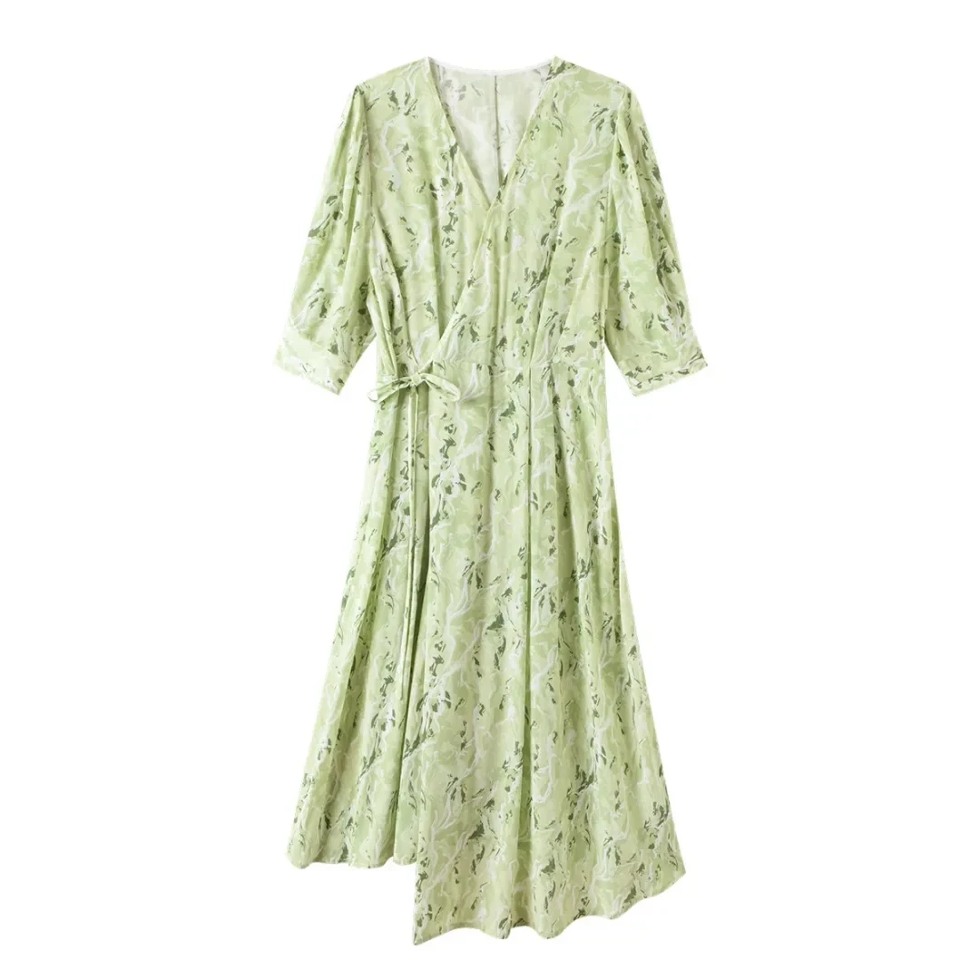 【100%桑蚕丝】温柔甜美收腰V领中袖连衣裙 3302