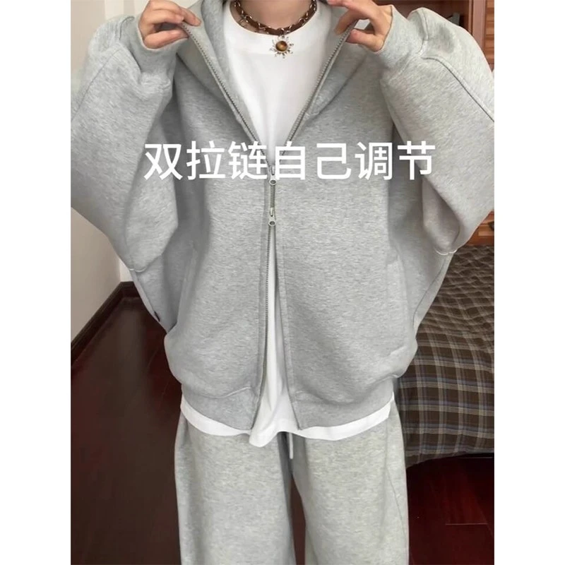 休闲时尚百搭显瘦ins韩版运动开衫连帽春秋秋季卫衣女装上衣 灰色