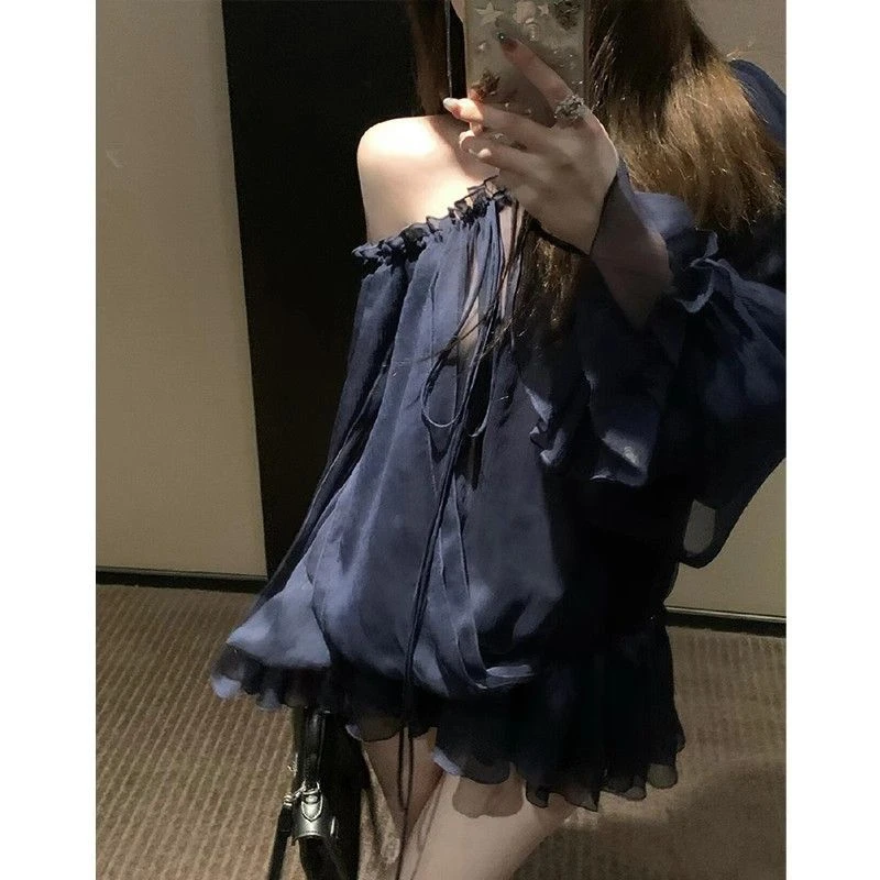 【2473】小众复古蓝色一字领薄款衬衫女新款设计感花瓣层次抽绳上衣