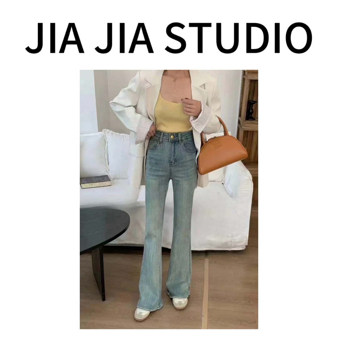 嘉嘉推荐#90171【早春款】浅蓝色美式开叉微喇高腰修身牛仔马蹄裤