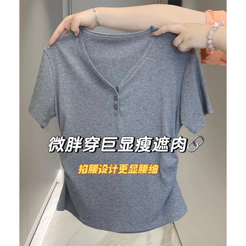 特大码200斤复古小众掐腰正肩短袖t恤女夏季新款百搭休闲显瘦上衣