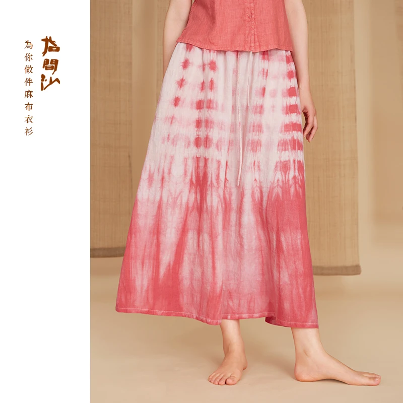 指间沙2524165原创女装25夏中式全松紧高腰扎染A版亚麻中长半身裙