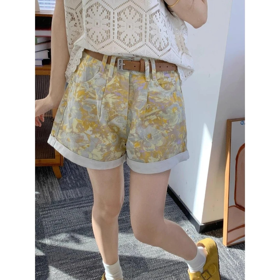 阔腿裤破洞夏季新款高腰百搭扎染字牛仔裤子女装时尚显瘦卷边热裤