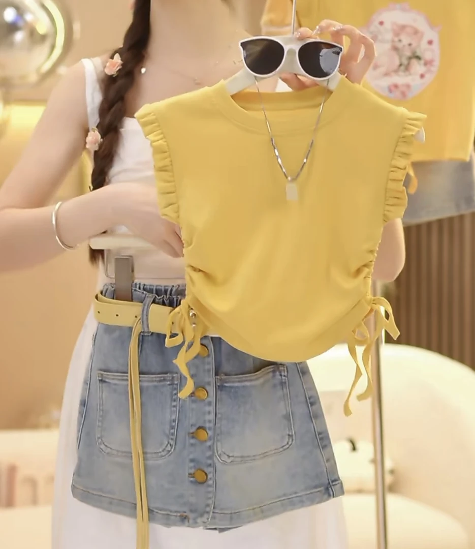 2025新款女童夏季洋气百搭韩版休闲时尚女孩黄色T恤牛仔裙裤套装