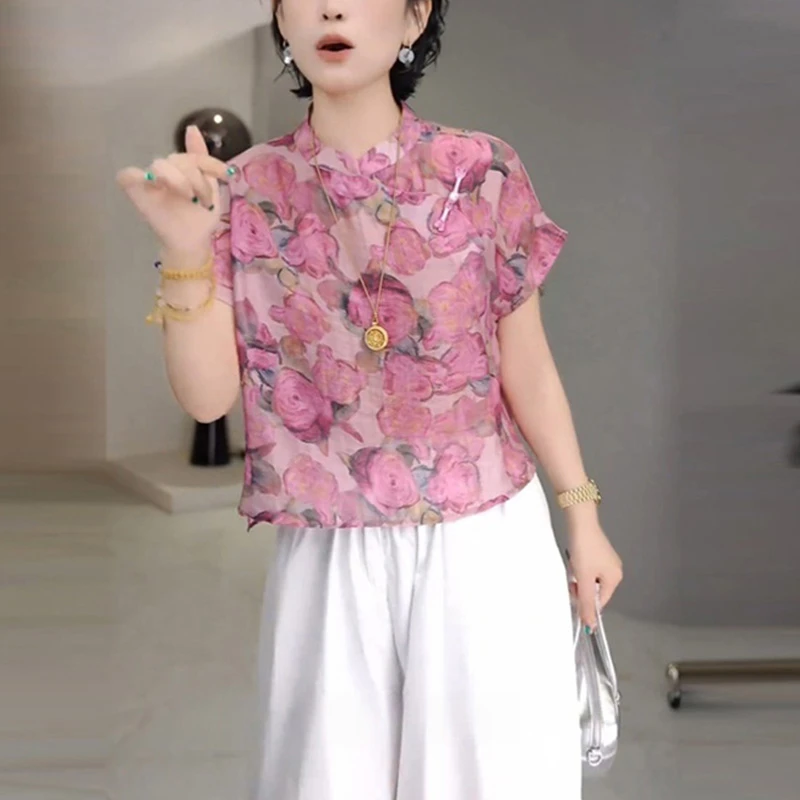 新中式潮流百搭夏季时尚印花好看设计感休闲气质百搭短袖女装衬衫