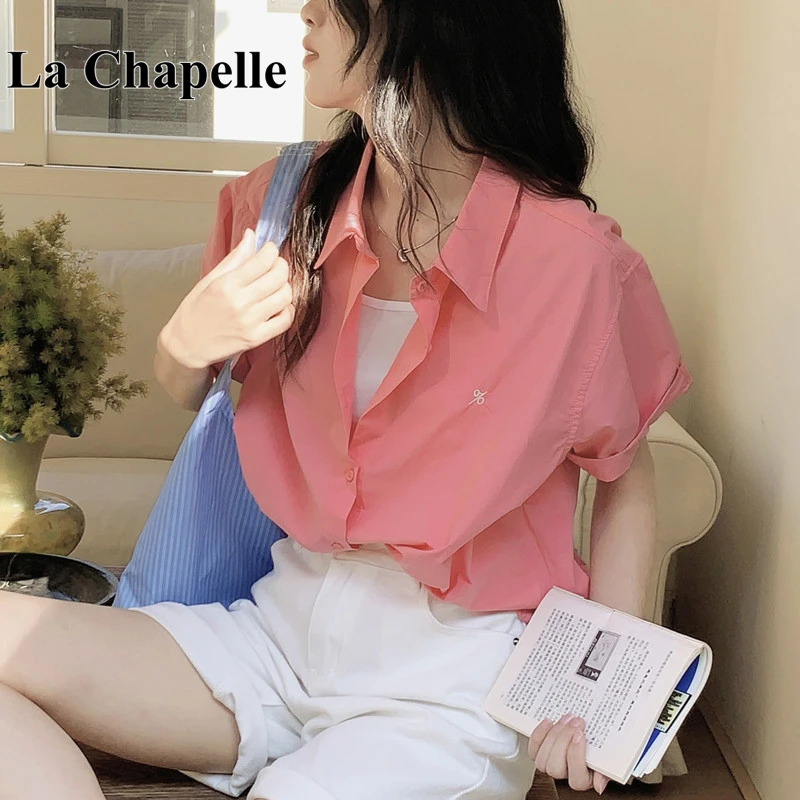 拉夏贝尔宽松显瘦polo领衬衫女夏季法式小资独特上衣气质短袖衬衫