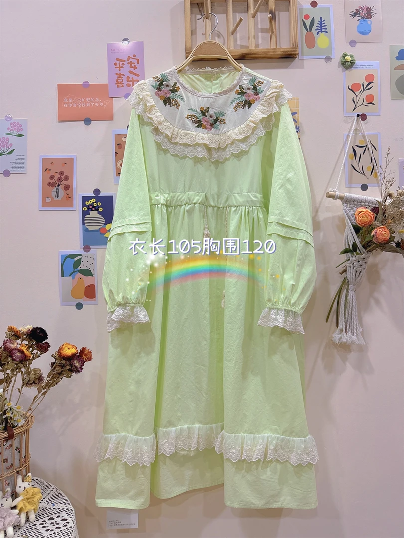 《米粒》63213森系田园少女风小清新圆领重工蕾丝花边收腰连衣裙