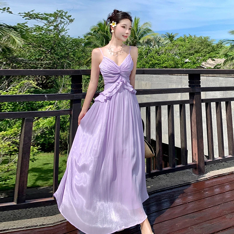 绝美超仙飘逸吊带连衣裙夏法式宴会礼服年会露背收腰度假拍照长裙