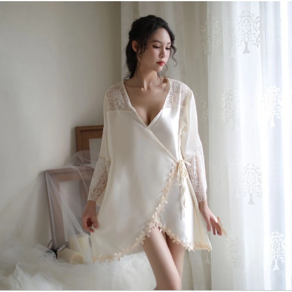 睡裙女士纯色夏季中长款家居服透气宫廷风厚款性感蕾丝薄款法式