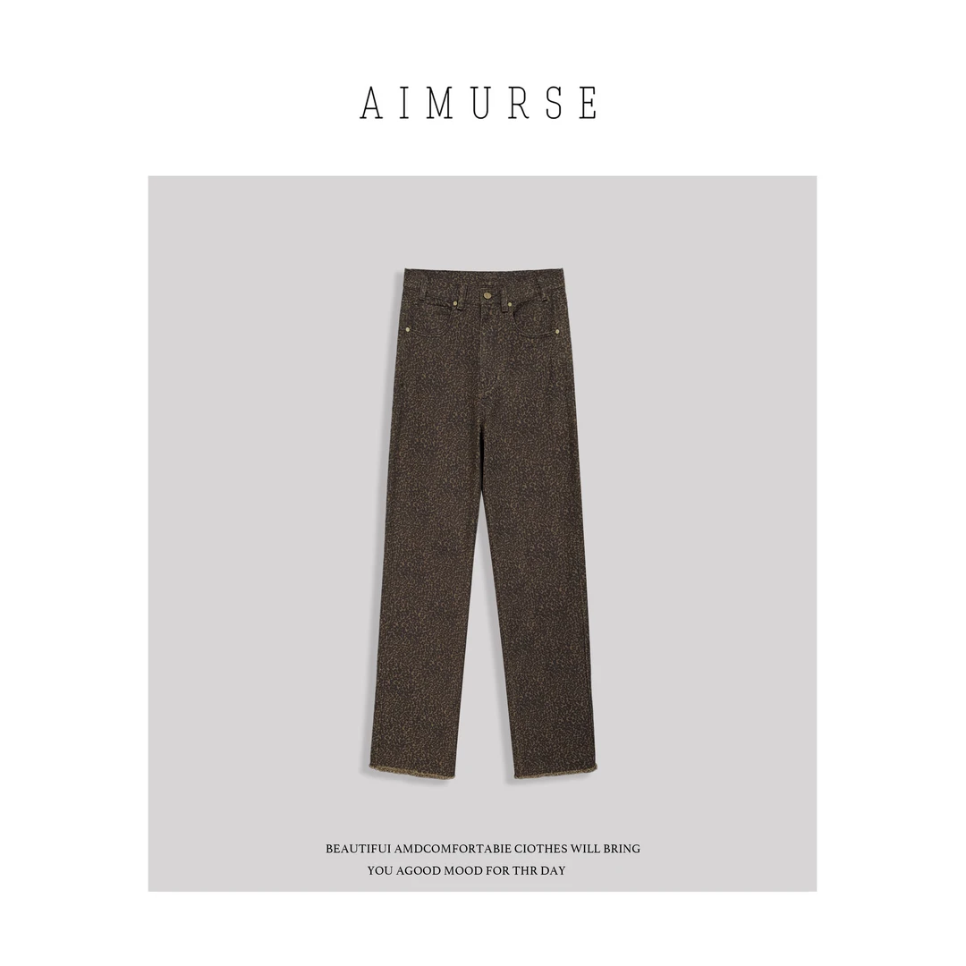 JinJin【复古态度】高腰牛仔复古休闲时尚豹纹直筒裤 AM5587