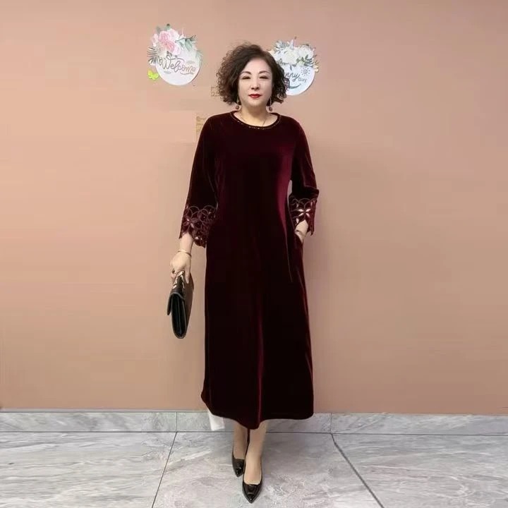 H秋季新款丝绒连衣裙复古薄款中老年女装宽松长袖显瘦妈妈装洋气
