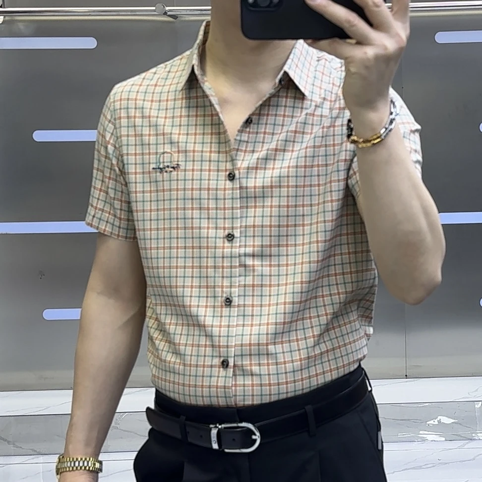 短袖衬衫休闲男士格子夏季商务休闲格子衬衫衬衣薄款潮流男轻奢