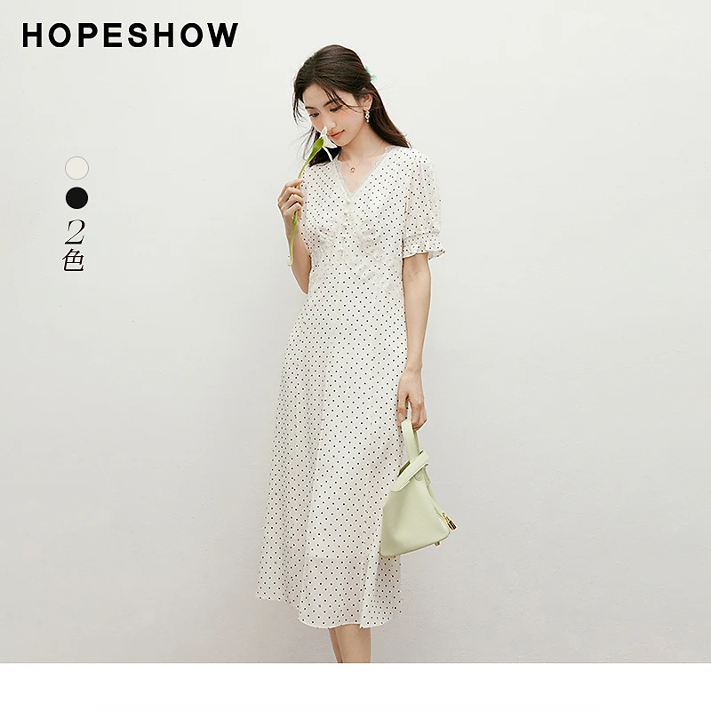 红袖2025夏季女装波点泡泡袖收腰蕾丝边V领套头连衣裙90225111602