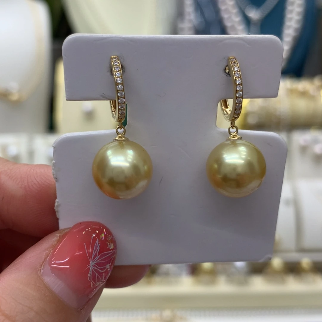 海水珍珠耳饰18K金镶嵌11-12