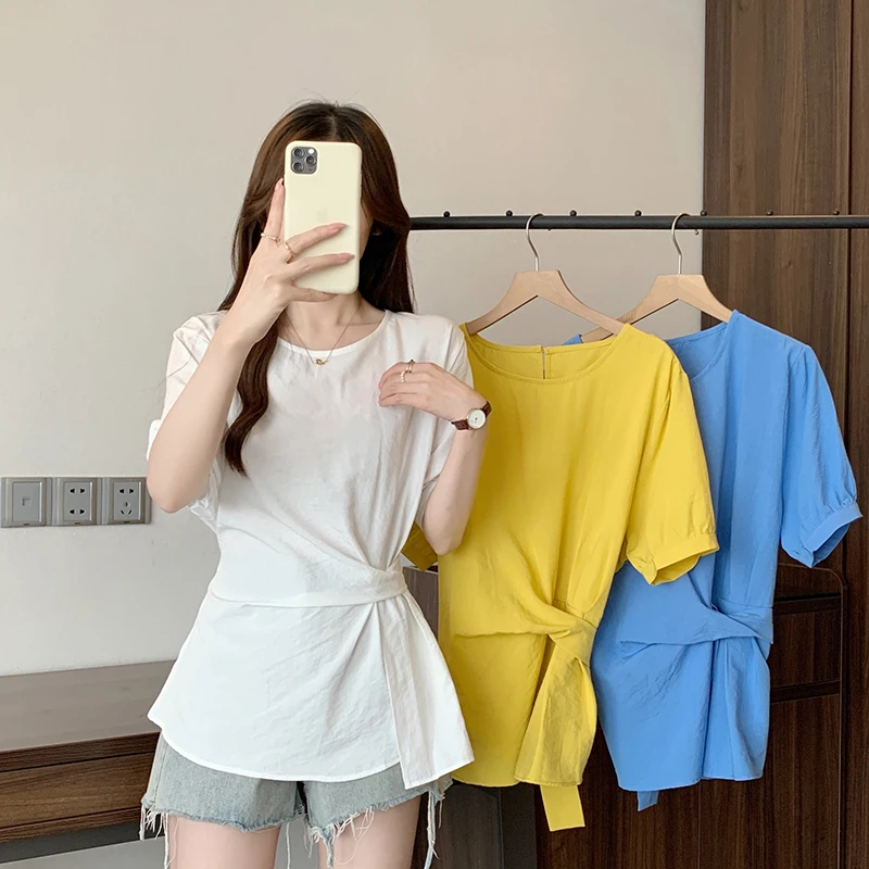2025夏装新款胖mm大码女韩系设计感圆领绑带别致短袖T恤