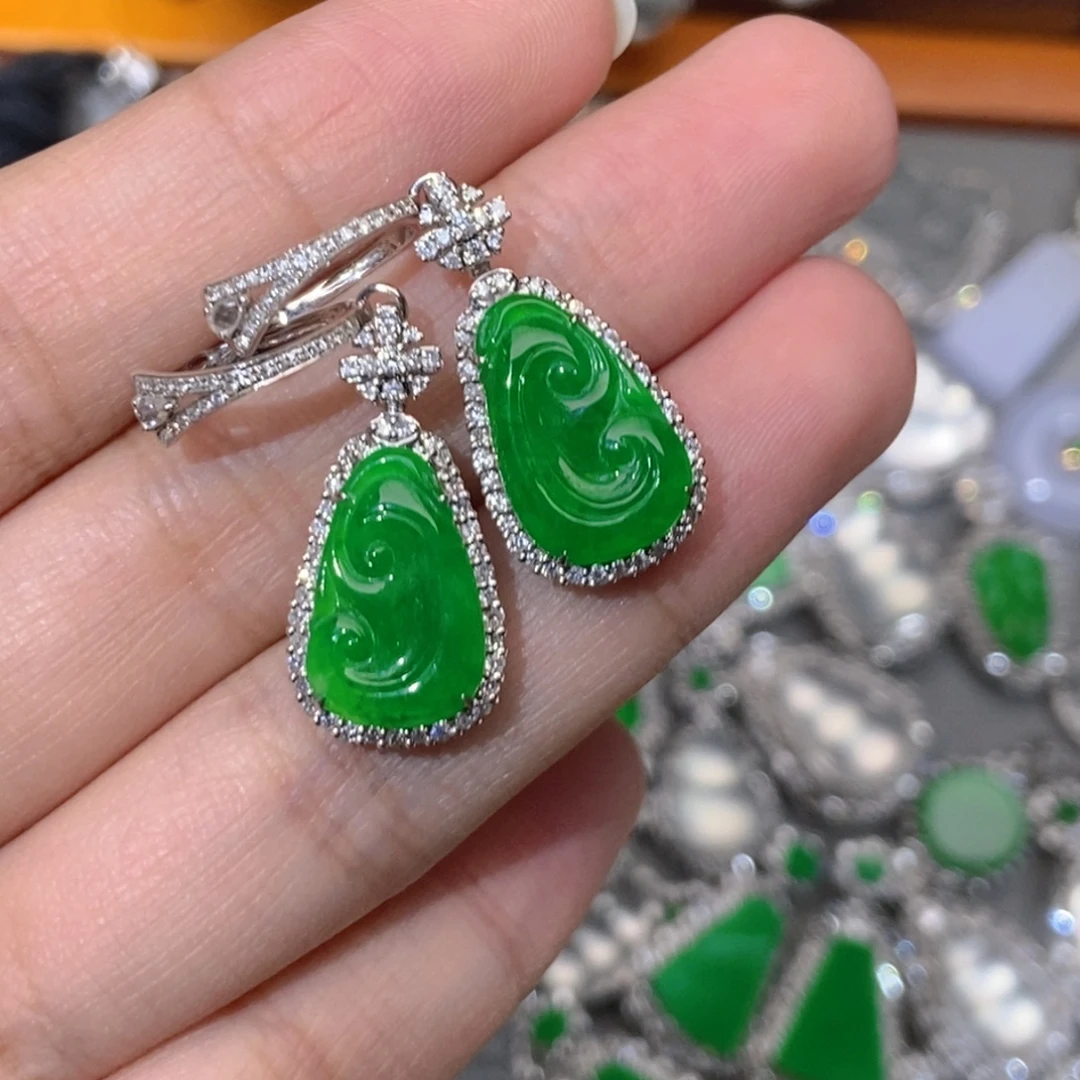 翡翠18K金镶嵌耳饰吊坠耳包两用款