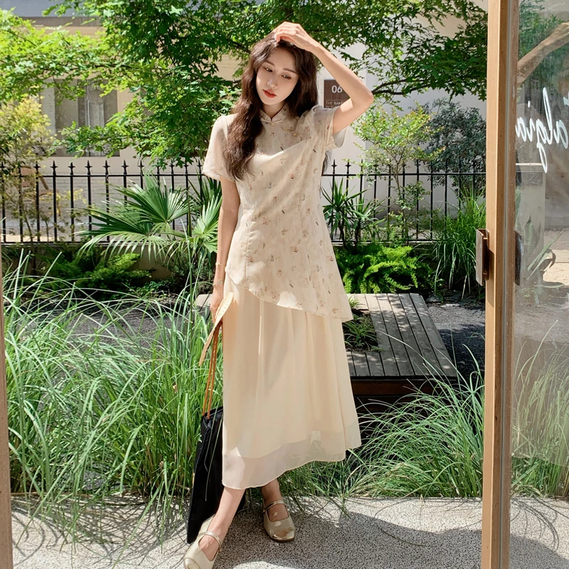 新中式印花假两件拼接连衣裙女夏季新款2025设计感小众时尚长裙子