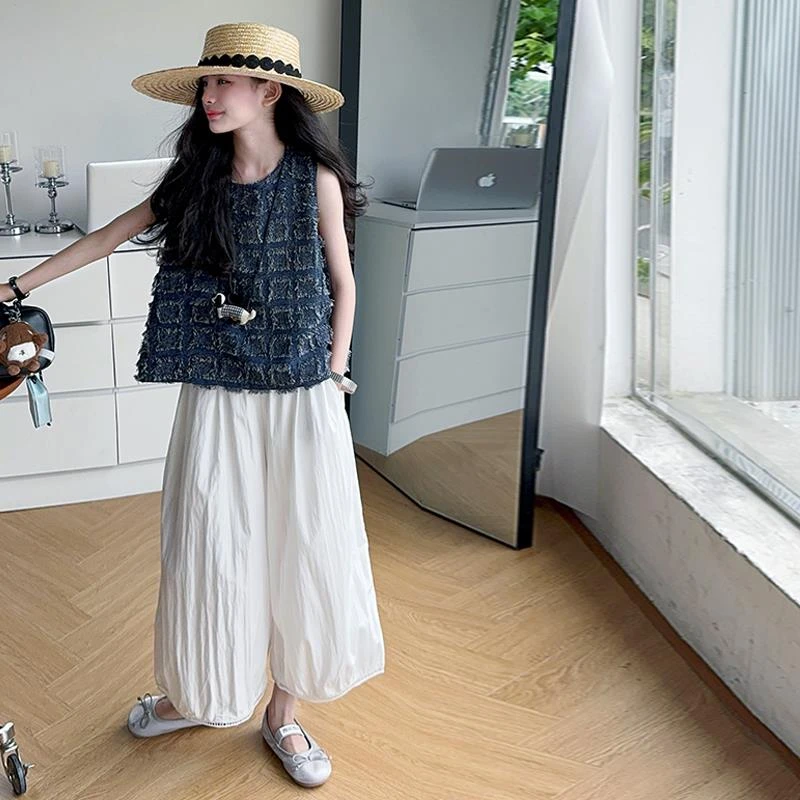 女童小香风套装夏季薄款2025新款女大童高级感无袖上衣韩系休闲裤