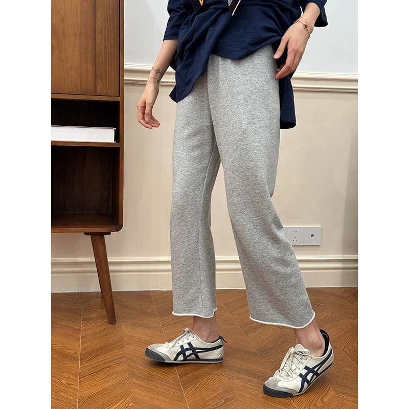 LANGQING 灰色运动垂感薄款九分阔腿裤直筒卫裤女44159#