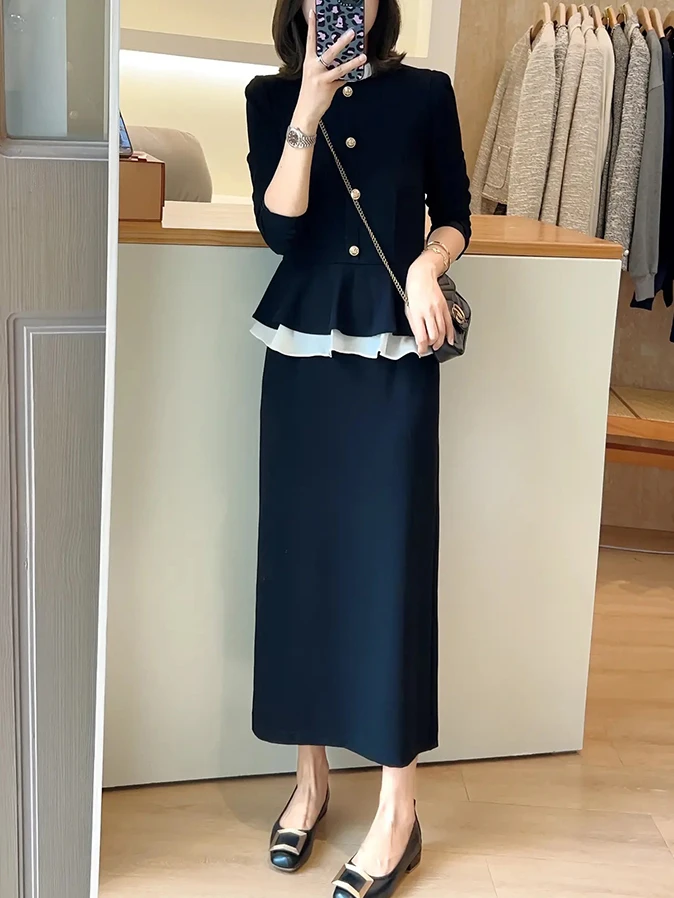 轻奢时尚高级感洋气减龄显瘦气质假两件连衣裙女优雅复古气质穿搭