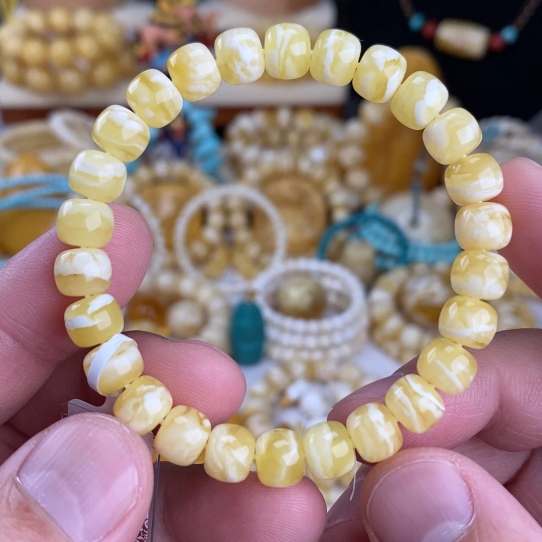 蜜蜡未镶嵌手链瓷白细纹透底虎皮千层雪8.3mm